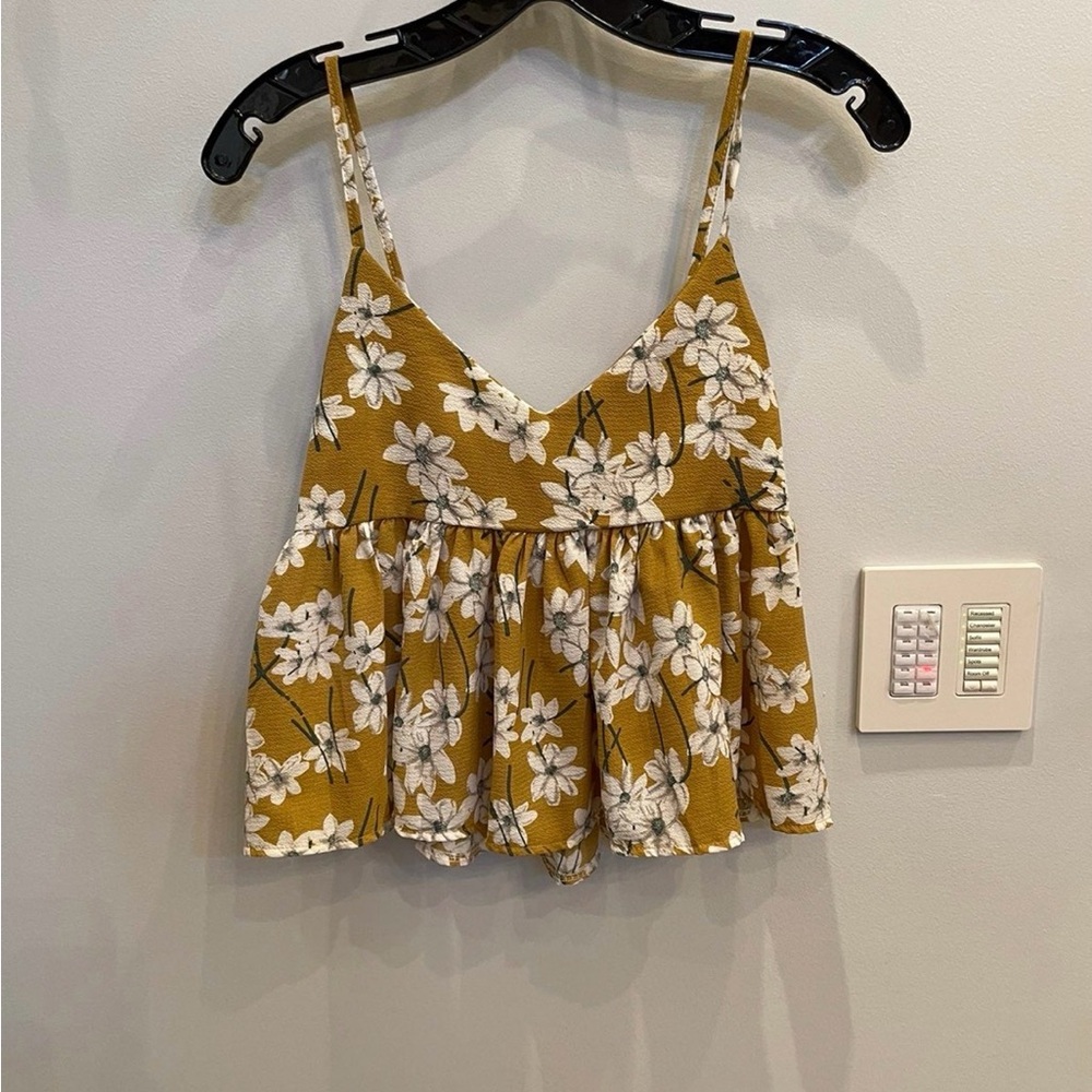 Mustard Floral Spaghetti-Strap Peplum Top